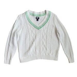 Lands End Drifter White Cotton Cable Knit V-Neck Varsity Sweater Green Trim XL